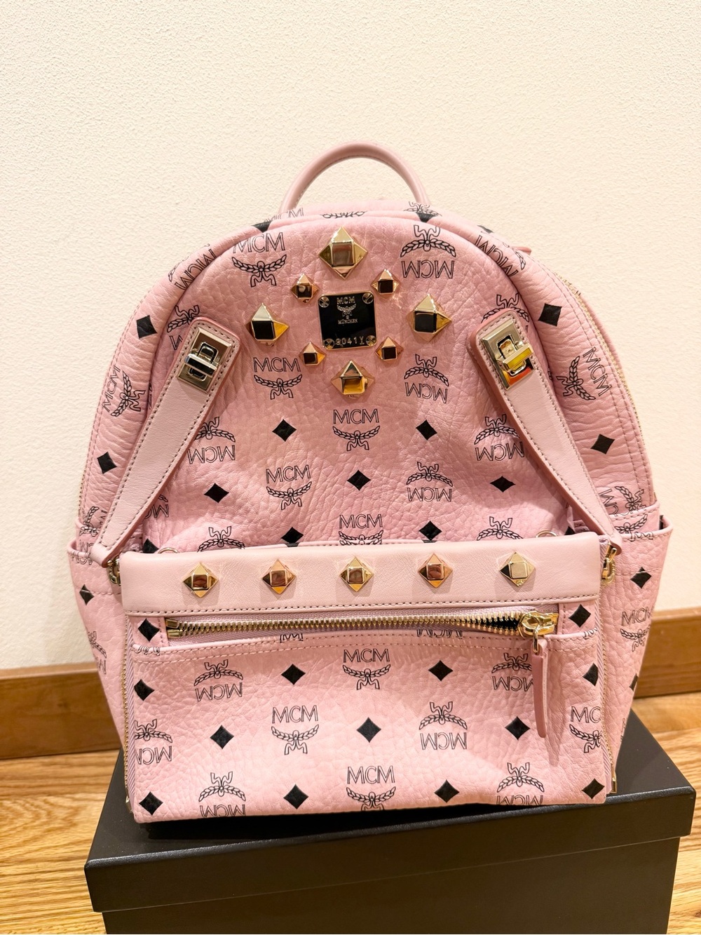 MCM Stark monogram Visetos backpack Pink Studded W Detachable Pouch